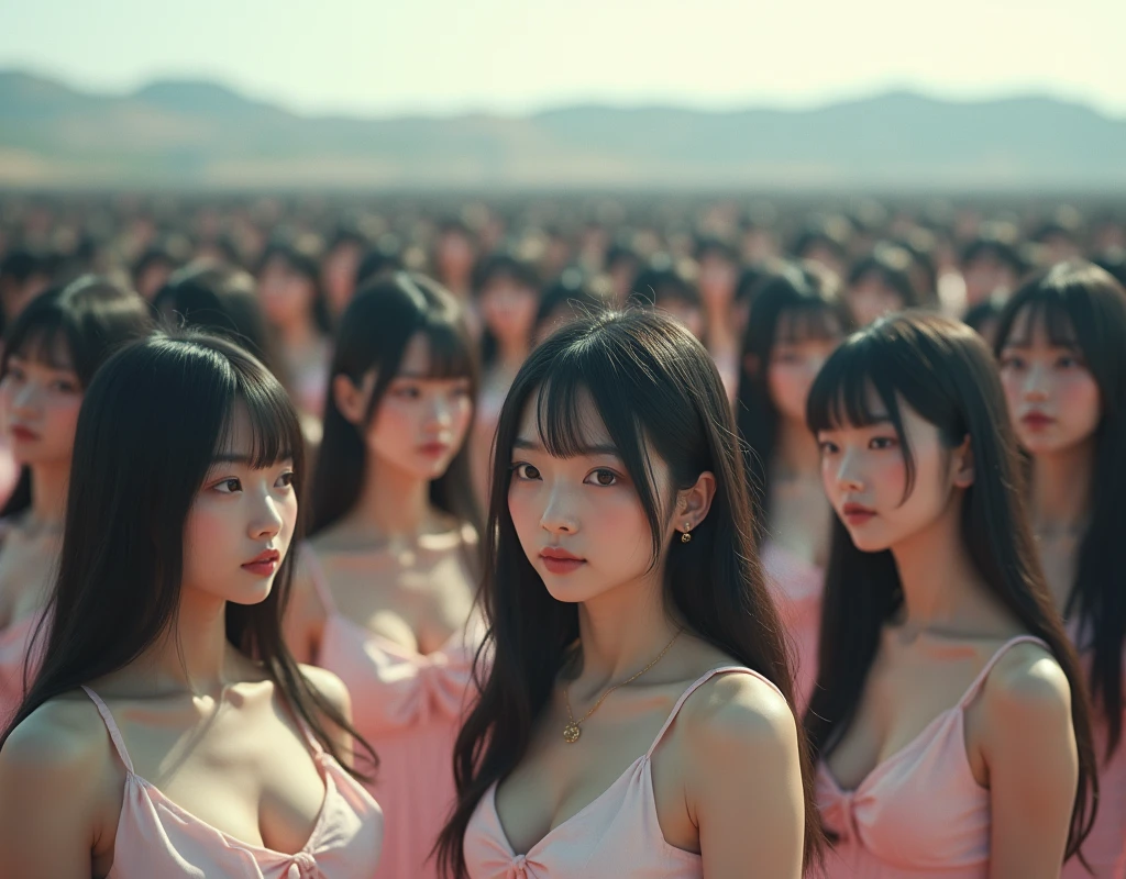 (((((Japanese Clone girls=Myself)))))), (((Best Super High quality Myself Clone girls Raw Photography Art))), (16K, Highest quality, Ultra-high resolution, RAW Photos), (((It's so unrealistic., With unparalleled depiction, With an unfathomable sight, An unprecedented and shocking worldview, Clone girls in a world of mass reproduction, Ultra-realistic))), (((Japanese, woman, 18yo, hashimoto-kanna))), (Small face, ((Thick black hair, Semi-long hair))), ((V-neck short-sleeve dress)), (((((Very detailed美しい女体, Accurate body structure, Very detailed完璧な, Super busty body with very large breasts, Clearly emphasizes cleavage))))), (((Dark Eyes, Mature face, Cute Smile, A gentle gaze))), (((Her happy and smiling expression is so cute))), ((((((((Very detailed分身増殖描写, ((1girl→Myself cloning→1,000,000,000,000,000,000,000,000,000,000,000,000,000,000,000,000,000,000,000,000Myself Clone girls)))))))))), ((((((((Very detailed, The precise depiction of the proliferation of Myself Clone girls, ((With the perfectly identical bodies of Myself clone girls, With the exact same face as the Myself clone girls, With the exact same hairstyle as the Myself clone girls, In the exact same clothes as the girls who are my clones, Perfectly the same height as the Myself clone girls, Super big breasts, just like the Myself clone girls)))))))))), (((Myself clone girls only))), (((Multiple pairs, Very detailed depiction, (Myself clone girls hug each other, Myself clone girls assemble, Fun conversations with fellow Myself clone girls, A fun conversation between Myself clone girls, Myself clone girls holding hands, Walking with lots of Myself clone girls)))), (((Everyone looks at the camera))), (((Unbelievably crowded, Transcendent Myself clone girls intimately, Countless Myself clone girls surround you in 360 degrees))), (Bright, soft sunlight), (((Very wide field of view, Very detailed, Detailed ultra-perspective depiction with clear depth, wide view))), (((((Landscape with a curved slope))))), (((Very photographic and detailed depiction, Myself clone girls will multiply infinitely and fill the surroundings from one side to the horizon with their bodies tightly packed together without any gaps., A scene of endless Myself clone girls and a fun atmosphere))), (Focus on the average value of the image)