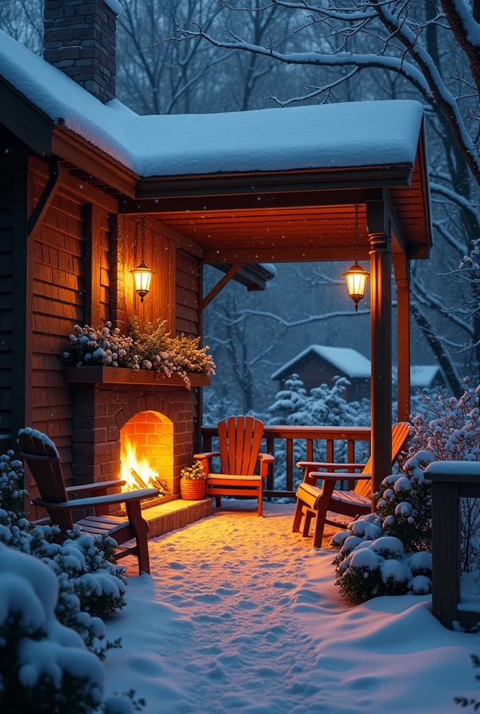 snowy covered porch with chairs and a fire place in the middle, snowfall at night, winter setting, cozy setting, cozy and peaceful atmosphere, outside in snow sno wing, snowy night, cozy place, atmospheric cold lighting, cozy wallpaper, cozy atmospheric, winter night, light snowfall, warm beautiful scene, cozy and calm, co zy environment, perfect lighting in a snow storm