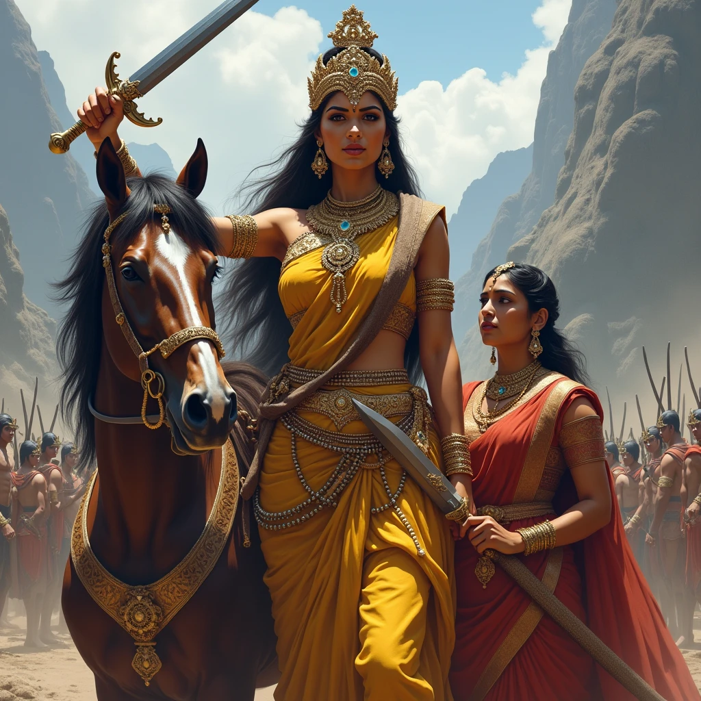 A South Indian queen, who is Hindu, is holding a sword in one hand and a horse in the other, with mountains and battlefields in the background and also the queen's maid. And queen one hand a katana 