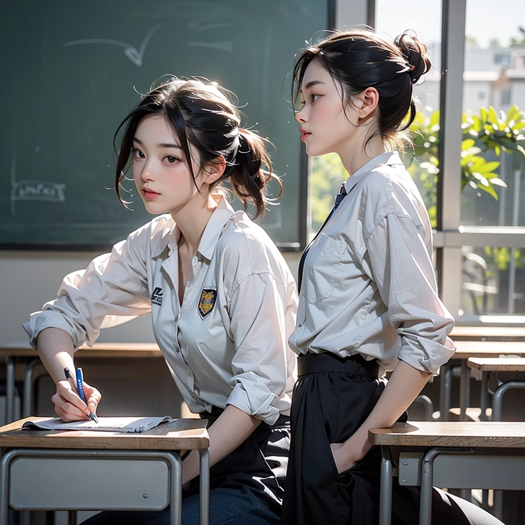 In this fourth comic, Vibrant, Vibrant教室. The energy teacher is in the center of the room., Enthusiastic and enthusiastic((Surrounded by students))
energy teacher、Standing in front of a chalkboard with athletics formulas and concepts written on it。. She gesticulates excitedly as she explains the fundamental principles of the sport.。, Share your passion and knowledge.
The students are sitting at their desks, Some people have their notebooks open., I'm ready to write down my lessons.. Their expressions ranged from intense interest to excited smiles.々is, It reflects the teachers' enthusiasm and desire to learn about athletics.。.
The classroom is filled with natural light, The large windows offer a beautiful view outside.. Image quality that highlights the details on the blackboard, Expressive teacher faces and diverse students in the classroom.
This comic captures the essence of classroom learning and inspiration., Energy teacher teaches students about athletics, Inspire a love of sport and the values it represents.
((((Woman Kissing))))