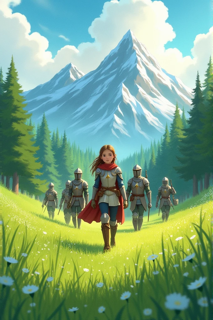In a green meadow stands a girl leading a group of knights.
BREAK
With a brave expression, she guides them towards their destination.
BREAK
Behind her, a green forest stretches out and beyond that, mountains rise in the distance.
BREAK
The most suitable effect for this scene would be a watercolor painting technique to capture the softness of the meadow and the fluidity of the movement.