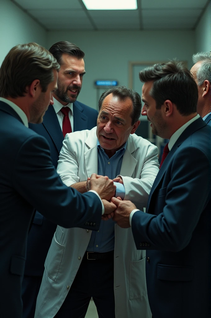 4 people are holding the doctor and forcing him
