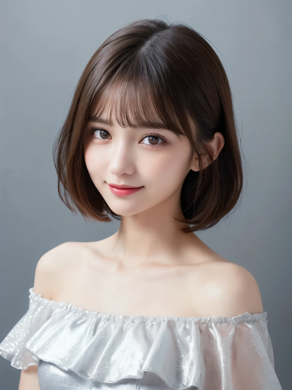 silver background, full body portrait, looks very happy, smile, one girl, (a beauty girl, delicate girl:1.3), (20 years old:1.3), (black off shoulder dress), very fine eyes, (symmetrical eyes:1.3), C cup breasts, brown eyes, parted bangs, short hair, (eyes and faces with detailed:1.0), (masterpiece, best quality, ultra detailed, detailed face, 8k)