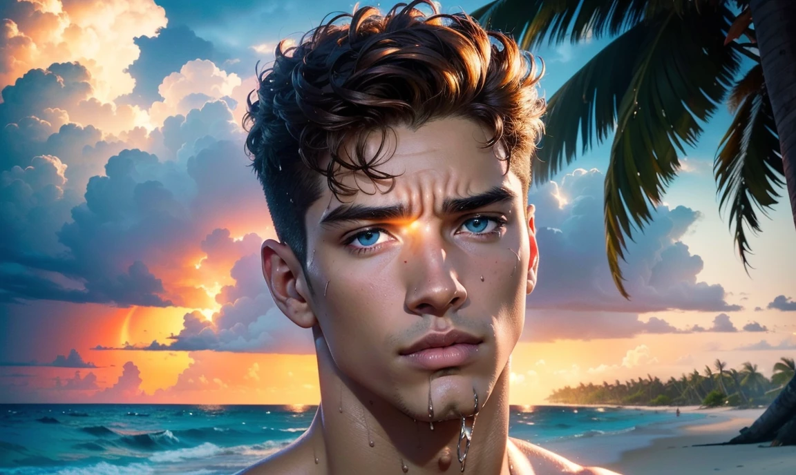 [((highly detailed, detailed eyes, detailed face, clear and realistic facial features, photorealistic, realistic light, cinematic, close up)), ((((3 men, each man looks unique, each man has a different natural hair color and different facial features and skin color)))), (((sexy male college-age jocks standing on the beach and looking angry or frustrated))), ((wearing casual clothes)), ((wet)), ((beautiful deserted tropical island with a storm in background))]
