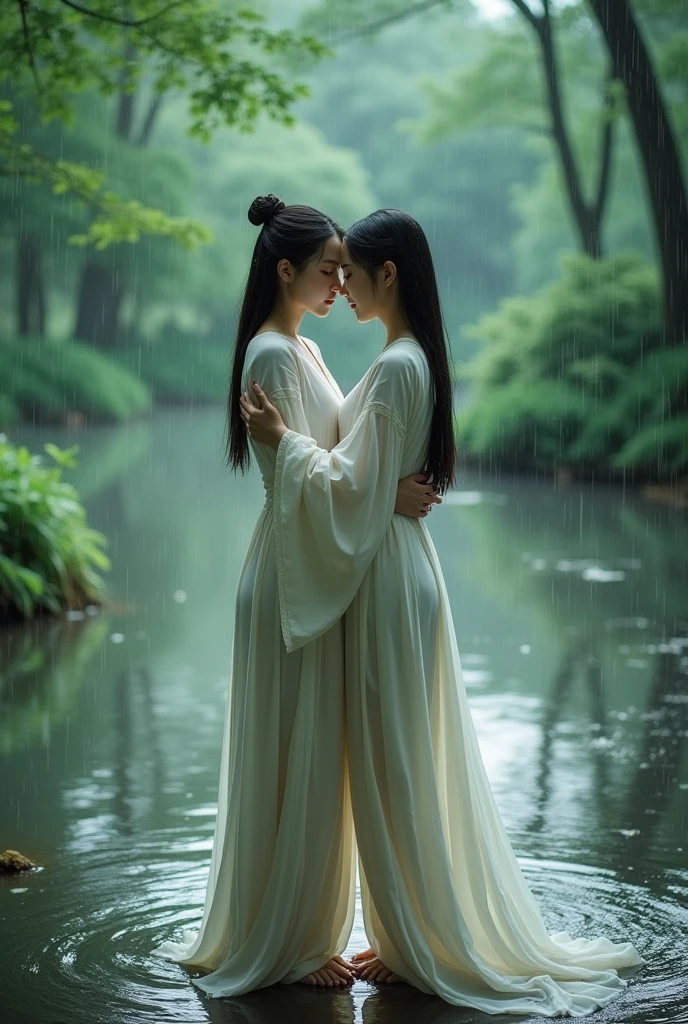 Personality traits"Ancient Chinese women of the Hanfu period"Very detailed images,,"A wide view shows the details of the vast forest. She is completely soaked..,Wearing a thin white villager&#39;s outfit, standing fishing by the river while walking hand in hand in the rainy forest while the body of the young man in white stands supporting the young woman from behind, the photo looks at the camera, both bodies are naked.

