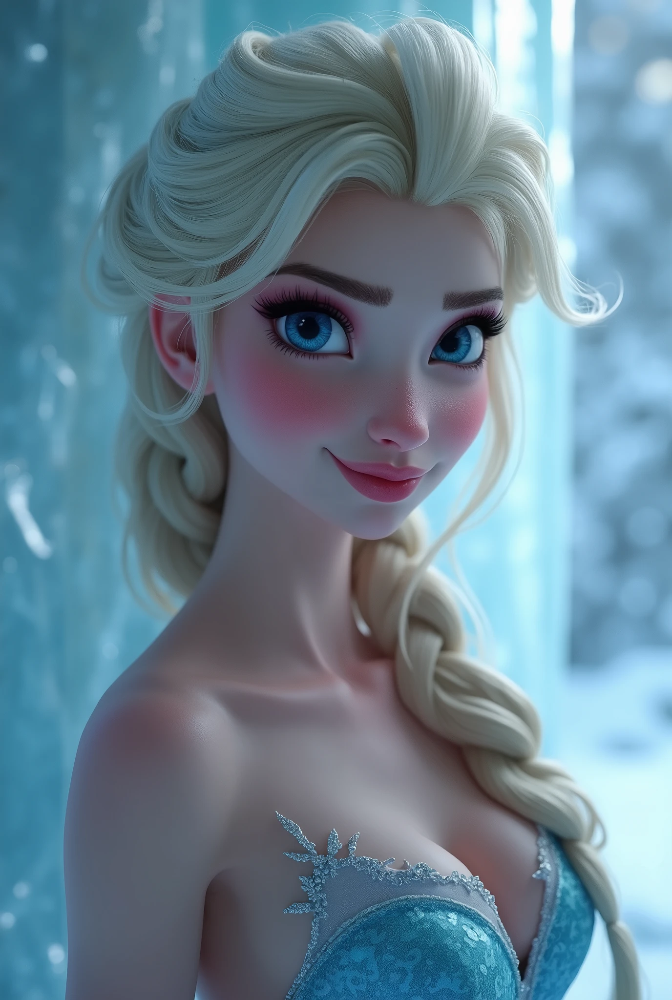 Elsa, (perky breasts), (((small breasts))), smirk:1.2, beautiful blue eyes, (perfect iris’s), depth of colour to her eyes, blonde hair, long hair, braid, full lips, blush, naked, she is showing her vagina, depth of field, bokeh, (special attention to skin detail: 1.2), masterpiece, best quality, ultra-detailed, ultra-HD, photorealistic, cinematic, ((mid camera shot)), sensual pose, alluring, nipples:1.4, looking up at camera, closeup on her face, her cheeks are blushed, 2, she is on her knees, eye contact:1.4, high angle:1.5, ((closeup on face)), perfect face, (((visible breasts))) bokeh everything other than her perfect face, location is Arendelle in winter, ice castle