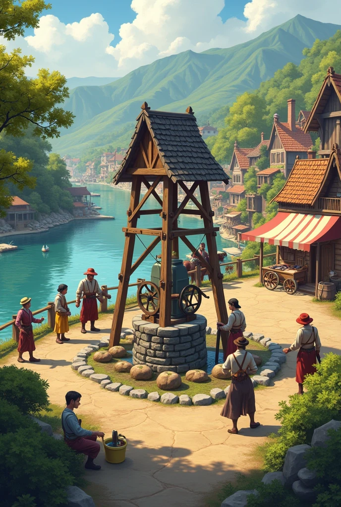 Tower handpump river view market village