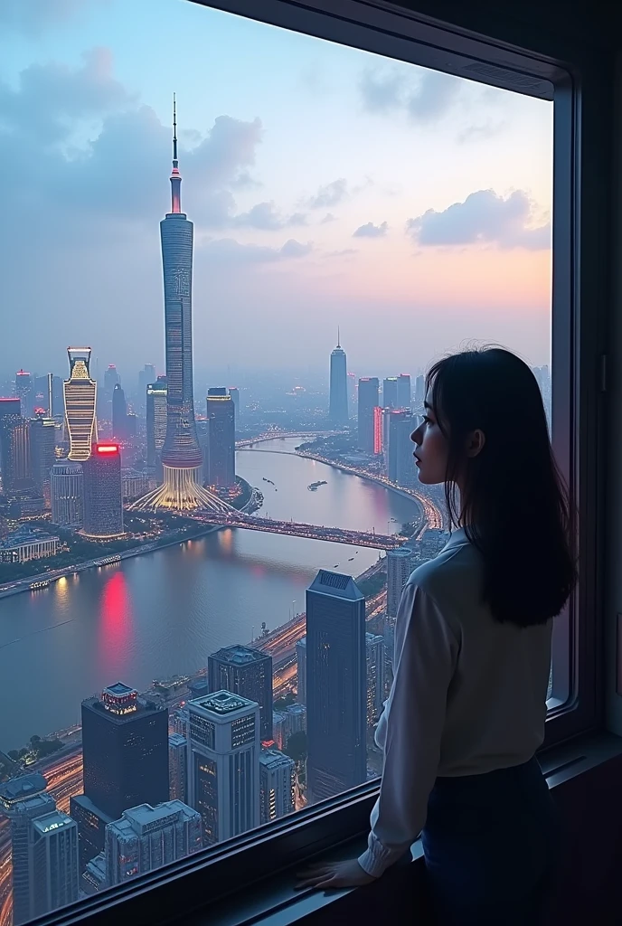 View of the most important buildings in Shanghai from the window of a taller building with a Caucasian woman standing to the right of the window image looking at the city and the river, an image just like the sample