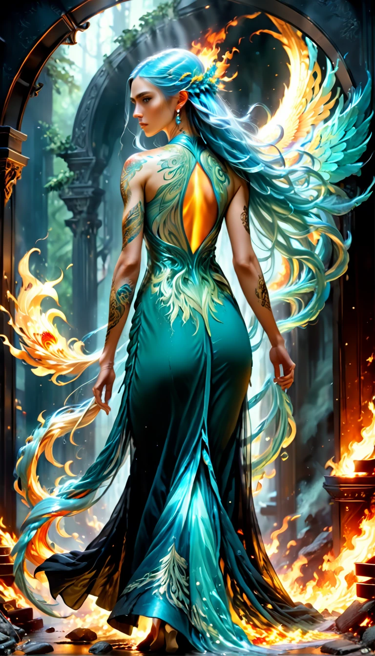 watercolor art, fantasy art, goth art, a picture of a tattoo on the back of a female elf, a glowing tattoo of a ((phoenix: 1.3)) on the elf's back, the ((phoenix tattoo)) is vivid, intricate detailed coming to life from the ink to real life, ((fire surrounds the phoenix: 1.5)), shoot taken from the back, ((the back is visible: 1.3), a most beautiful elf, exquisite beauty, small pointed ears, long hair, she wears a transparent black dress, the dress is elegant, flowing, elven style, that the tattoos glow, blue hair color, dynamic hair style, art by mooncryptowow
