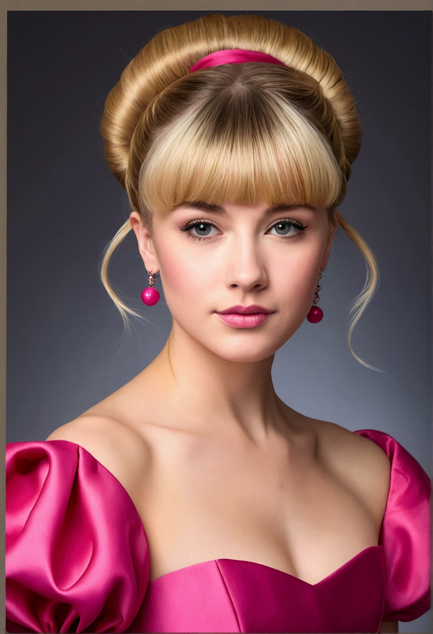 A professional portrait photo, A short girl with blonde hair pulled tightly back and two strands of hair on each side for bangs, front facing, in a hot pink ball gown with puffed sleeves