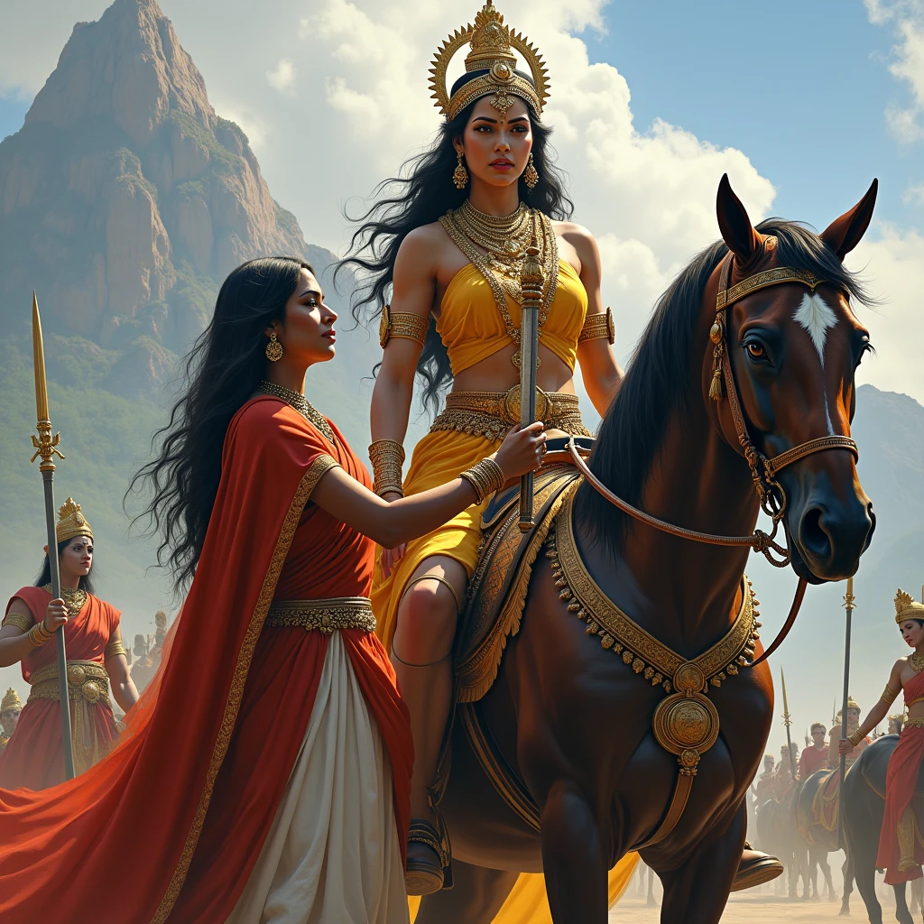 A South Indian queen, who is Hindu, is holding a sword in one hand and a horse in the other, with mountains and battlefields in the background and also the queen's maid. And queen one hand a katana