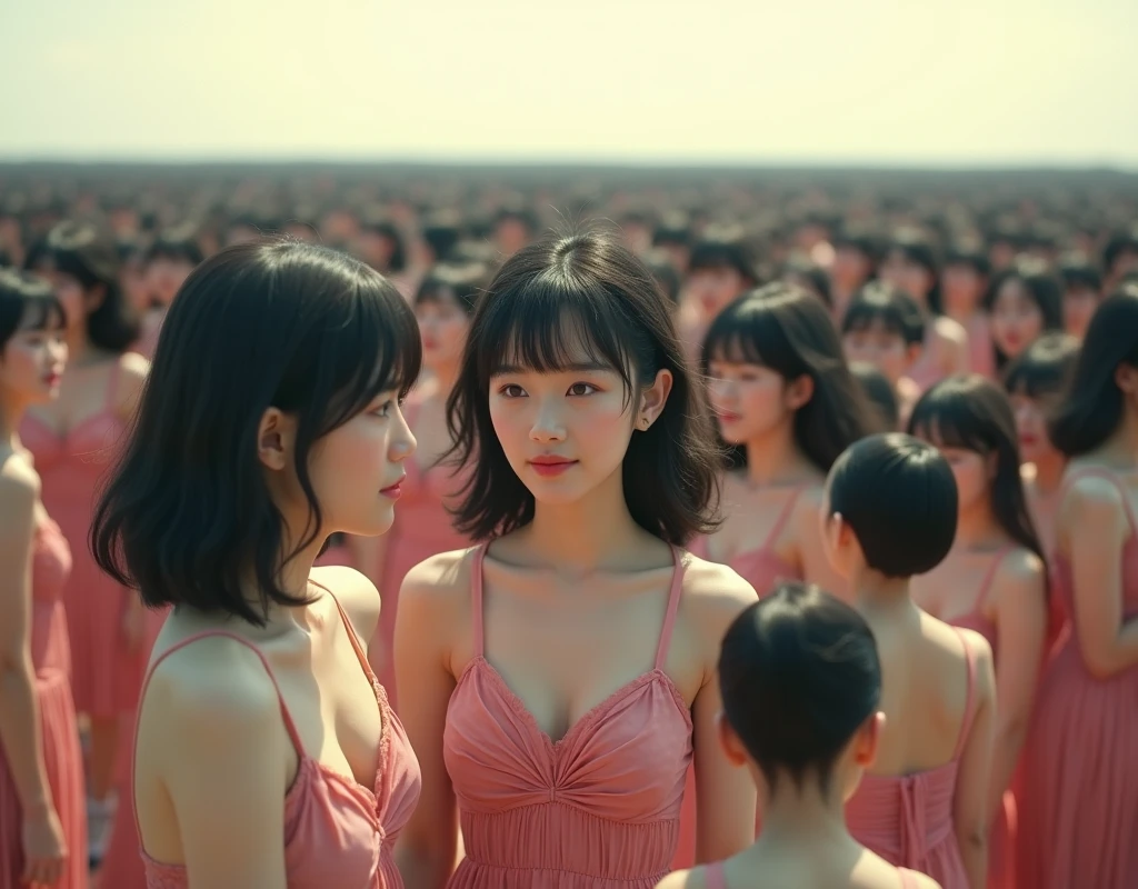 (((((Japanese Clone girls=Myself)))))), (((Best Super High quality Myself Clone girls Raw Photography Art))), (16K, Highest quality, Ultra-high resolution, RAW Photos), (((It's so unrealistic., With unparalleled depiction, With an unfathomable sight, An unprecedented and shocking worldview, Clone girls in a world of mass reproduction, Ultra-realistic))), (((Japanese, woman, 18yo, hashimoto-kanna))), (Small face, ((Thick black hair, Semi-long hair))), ((V-neck short-sleeve dress)), (((((Very detailed美しい女体, Accurate body structure, Very detailed完璧な, Super busty body with very ?????????????, Clearly emphasizes cleavage))))), (((Dark Eyes, Mature face, Cute Smile, A gentle gaze))), (((Her happy and smiling expression is so cute))), ((((((((Very detailed分身増殖描写, ((1girl→Myself cloning→1,000,000,000,000,000,000,000,000,000,000,000,000,000,000,000,000,000,000,000,000Myself Clone girls)))))))))), ((((((((Very detailed, The precise depiction of the proliferation of Myself Clone girls, ((With the perfectly identical bodies of Myself clone girls, With the exact same face as the Myself clone girls, With the exact same hairstyle as the Myself clone girls, In the exact same clothes as the girls who are my clones, Perfectly the same height as the Myself clone girls, Super ???????????, just like the Myself clone girls)))))))))), (((Myself clone girls only))), (((Multiple pairs, Very detailed depiction, (Myself clone girls hug each other, Myself clone girls assemble, Fun conversations with fellow Myself clone girls, A fun conversation between Myself clone girls, Myself clone girls holding hands, Walking with lots of Myself clone girls)))), (((Everyone looks at the camera))), (((Unbelievably crowded, Transcendent Myself clone girls intimately, Countless Myself clone girls surround you in 360 degrees))), (Bright, soft sunlight), (((Very wide field of view, Very detailed, Detailed ultra-perspective depiction with clear depth, wide view))), (((((Landscape with a curved slope))))), (((Very photographic and detailed depiction, Myself clone girls will multiply infinitely and fill the surroundings from one side to the horizon with their bodies tightly packed together without any gaps., A scene of endless Myself clone girls and a fun atmosphere))), (Focus on the average value of the image)