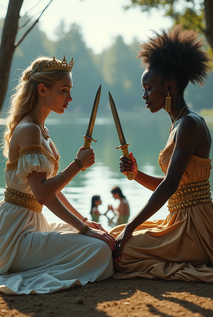 white skinned russian queen with dark skinned daughter, and dark skinned african queen with pale white skinned daughter,mordern era, both have a similar build, both are sitting with their feet wide open and the soles of their feet touching ,beside a lake, both their faces have a angry frown , threaten eachother with a ornate knives in their hands while their daughters are in the distance kissing in the lake