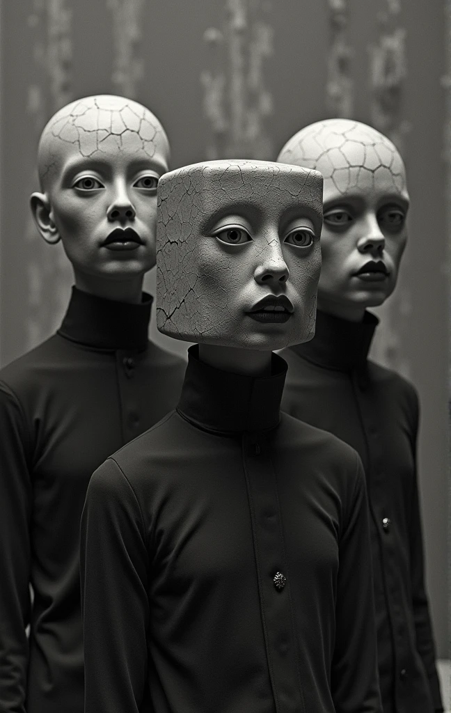 ((Very old photograph in sepia tone only)), Surreal, monochrome image featuring three individuals with unique and striking appearances. The three figures have a large, (LeMarchand Cube Puzzle)-like structure covering their head, (with a single prominent eye in the middle: 1.2). Their skin is pale and they have dark, bold lips. The texture of their clothing appears rough and uneven. Flanking this central figure are two bald individuals with cracked, porcelain-like skin, giving them a doll-like appearance. The background is a dark, surreal and textured landscape, enhancing the creepy and supernatural atmosphere of the scene, horrified, terrified, insane, disgusting, disturbing, disturbing, shocking, vintage, old film, (inspired by Zdzislaw Beksinski and Wayne Barlowe), cgsociety, 1920s, art deco, 1920s, hyper detailed, 1920s Hellraiser film, digital illusions, retrofuturistic, cyberspace, photorealistic, artistic visuals inspired by Fritz Lang. ((motion picture film)), Ultra detailed, chiaroscuro, RAW photo, cinematic, artstation style, concept art, masterpiece, 8k, black and white, realistic textures, 3d rendering