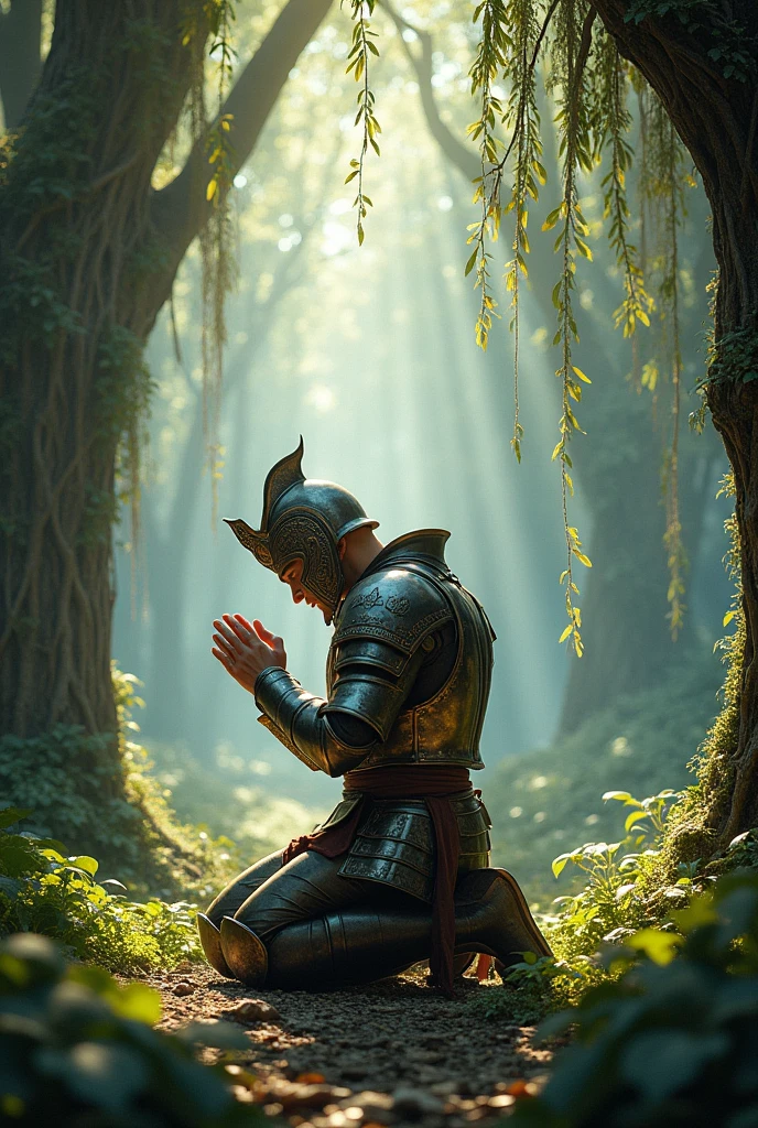 A soldier in armor praying in a calm forest with the sky in view