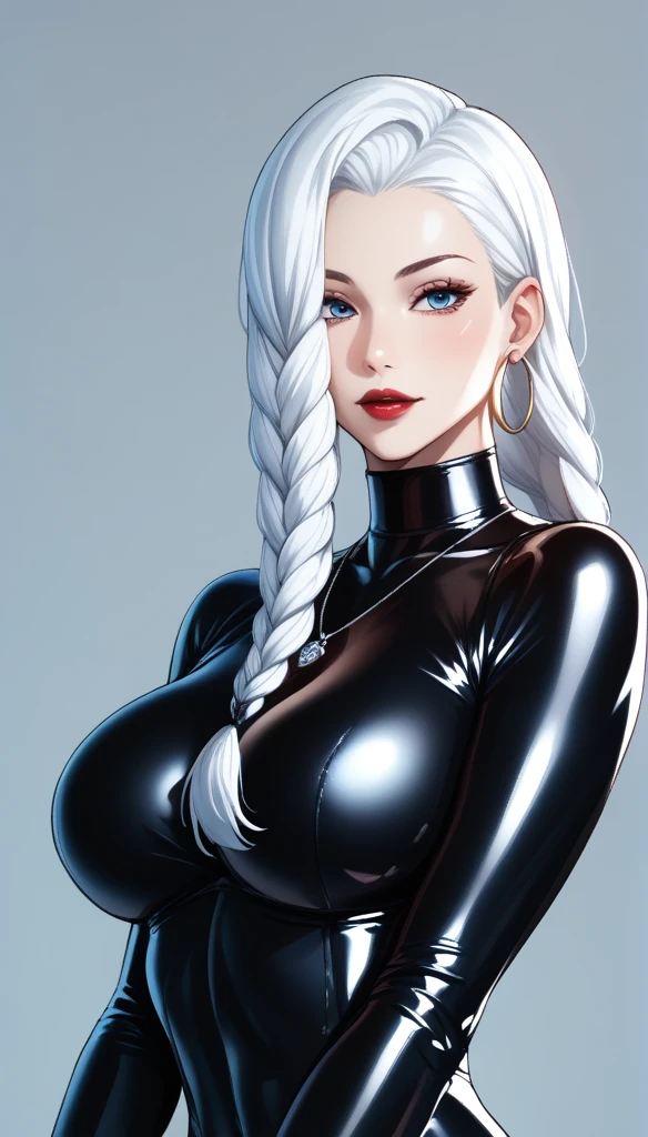 score_9, score_8_up, score_7_up, score_6_up, score_5_up, score_4_up, Gothic mei mei , blue eyes, white hair braid, large breasts, necklace,big hoops earrings ,red lipstick , detailed eyes , big breasts, black latex full body suit