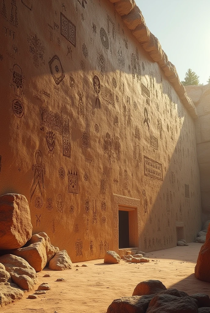 a representational rock art, large horizontal rock wall 80 meters wide, detailed iray NVIDIA RTX rendering, detailed carvings and paintings on rock surface, ancient tribal symbols and geometric patterns, warm earthy tones, globalc lighting, photorealistic, masterpiece, PBR Iray render presentation 3d prop reference