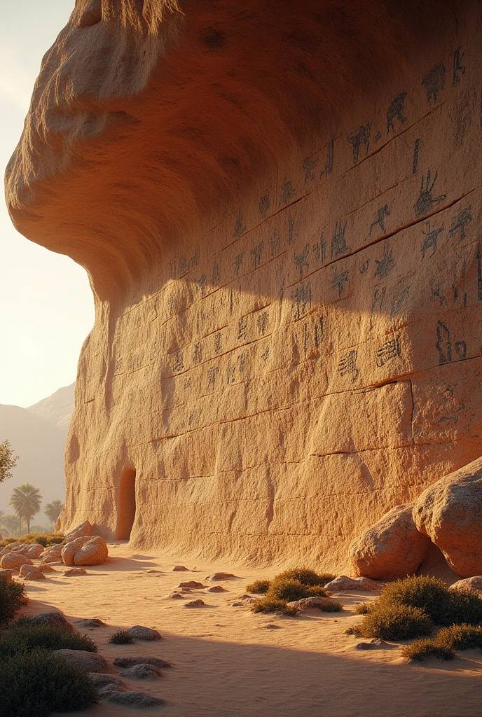 a representational rock art, large horizontal rock wall 80 meters wide, detailed iray NVIDIA RTX rendering, detailed carvings and paintings on rock surface, ancient tribal symbols and geometric patterns, warm earthy tones, globalc lighting, photorealistic, masterpiece, PBR Iray render presentation 3d prop reference