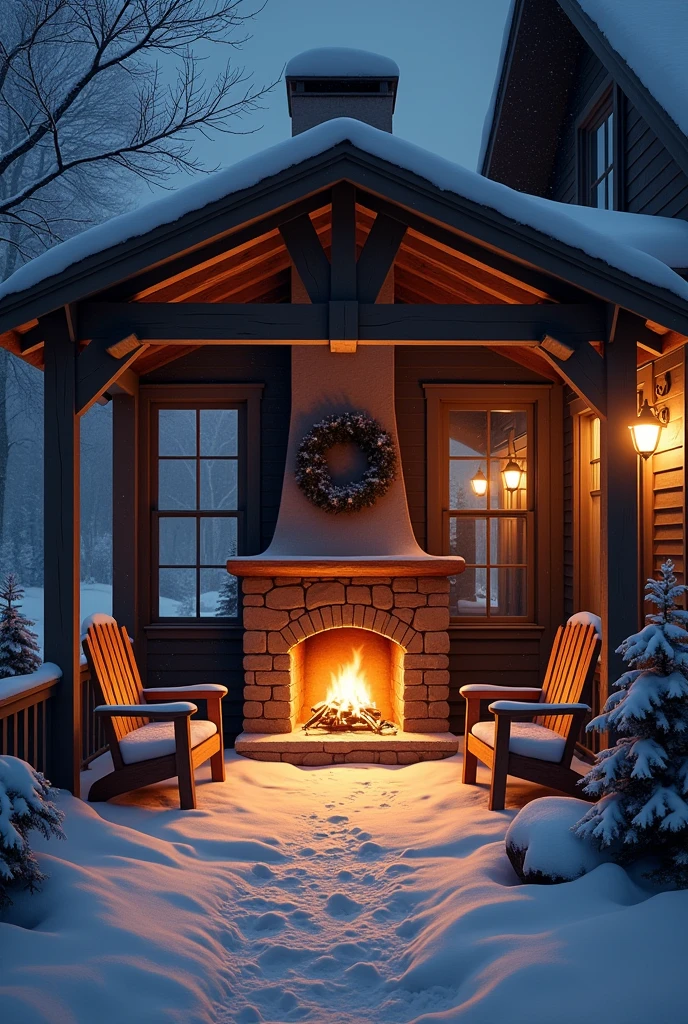 snowy covered porch with chairs and a fire place in the middle, snowfall at night, winter setting, cozy setting, cozy and peaceful atmosphere, outside in snow sno wing, snowy night, cozy place, atmospheric cold lighting, cozy wallpaper, cozy atmospheric, winter night, light snowfall, warm beautiful scene, cozy and calm, co zy environment, perfect lighting in a snow storm