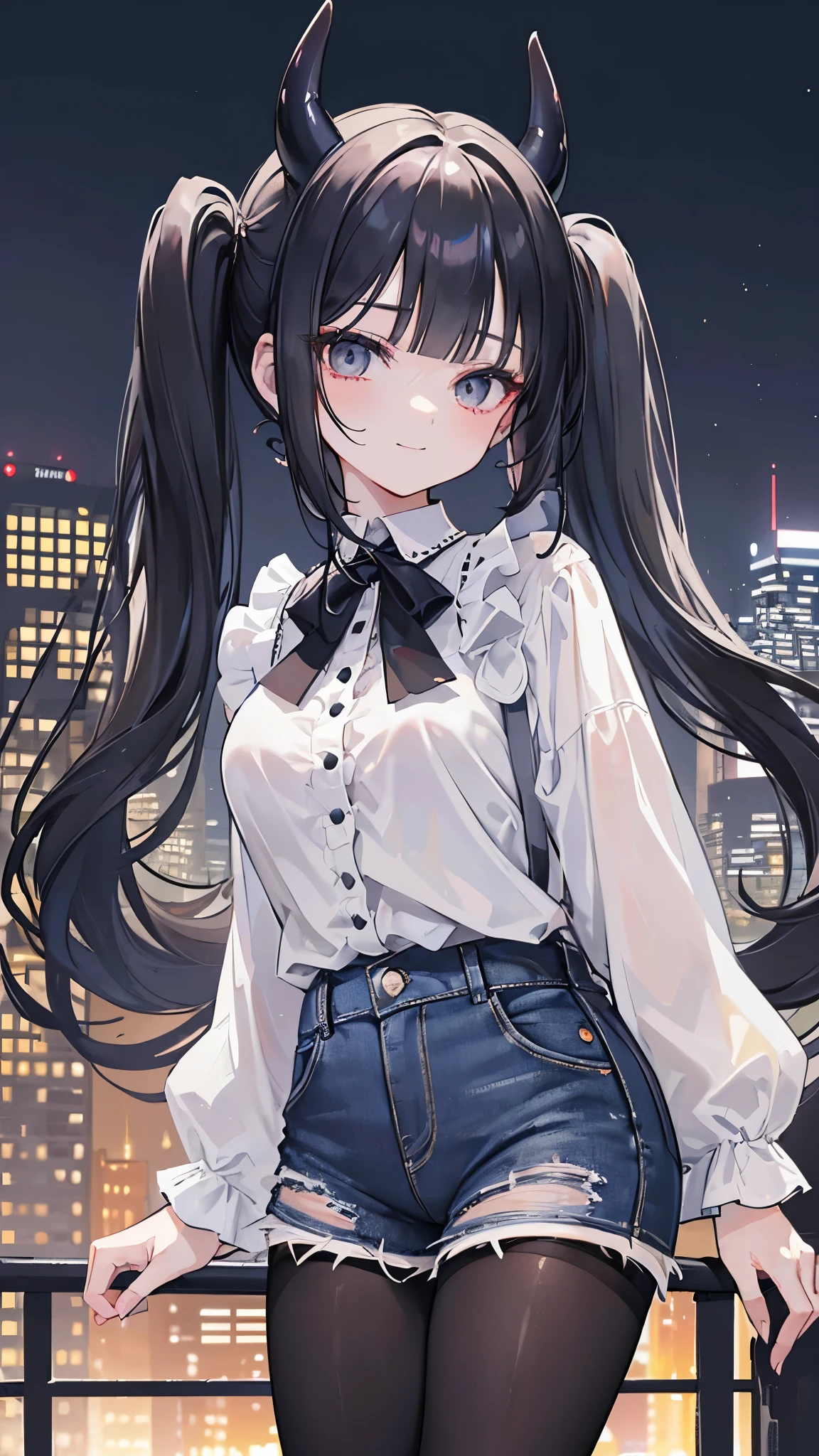 ((masterpiece、Highest quality、Very detailed))、One person、Black Hair、low twintails、blunt bangs、Grey Eyes、evil smile、Moderate breasts、Devil horns、((White blouse))、((denim micro short shorts))、((black pantyhose))、Cowboy Shot、((night))、City Background