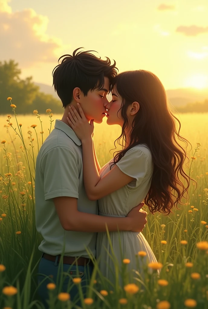 One girl and boy together kissing a field 