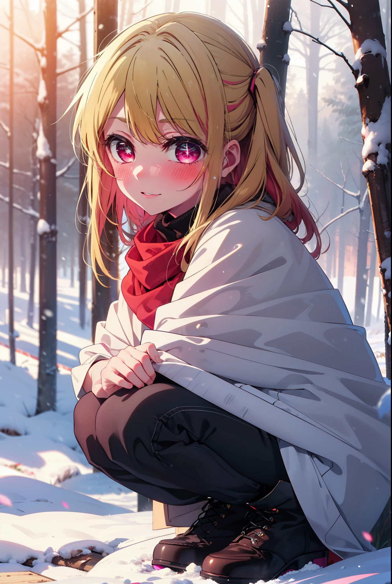 rubyhoshino, Hoshino Ruby, Long Hair, bangs, blonde, (Pink Eyes:1.3), Side Lock, (Symbol-shaped pupil:1.5), Multicolored Hair, Two-tone hair, smile,,smile,blush,white breath,
Open your mouth,snow,Ground bonfire, Outdoor, boots, snowing, From the side, wood, suitcase, Cape, Blurred, , forest, White handbag, nature, Squat, Mouth closed, Cape, winter, Written boundary depth, Black shoes, red Cape break looking at viewer, Upper Body, whole body, break Outdoor, forest, nature, break (masterpiece:1.2), Highest quality, High resolution, unity 8k wallpaper, (shape:0.8), (Beautiful and beautiful eyes:1.6), Highly detailed face, Perfect lighting, Highly detailed CG, (Perfect hands, Perfect ???????),