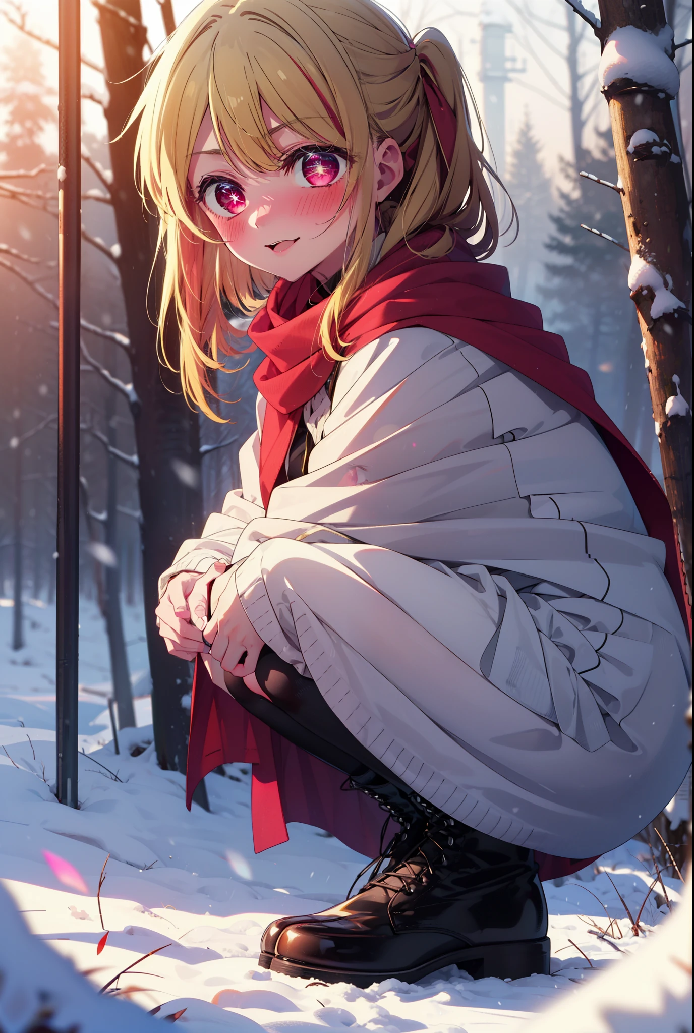 rubyhoshino, Hoshino Ruby, Long Hair, bangs, blonde, (Pink Eyes:1.3), Side Lock, (Symbol-shaped pupil:1.5), Multicolored Hair, Two-tone hair, smile,,smile,blush,white breath,
Open your mouth,snow,Ground bonfire, Outdoor, boots, snowing, From the side, wood, suitcase, Cape, Blurred, , forest, White handbag, nature, Squat, Mouth closed, Cape, winter, Written boundary depth, Black shoes, red Cape break looking at viewer, Upper Body, whole body, break Outdoor, forest, nature, break (masterpiece:1.2), Highest quality, High resolution, unity 8k wallpaper, (shape:0.8), (Beautiful and beautiful eyes:1.6), Highly detailed face, Perfect lighting, Highly detailed CG, (Perfect hands, Perfect Anatomy),