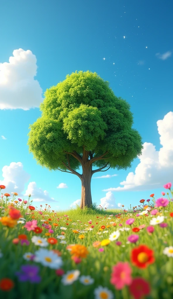 Viral anime nature wallpaper in 4K quality, in the style of Pixar 3D inspired by Toy Story, showcasing a lush meadow filled with colorful wildflowers, a clear blue sky with fluffy clouds, and a single majestic tree standing in the middle; bright and cheerful color temperature, cosmos lighting with stars twinkling in the sky, no human characters, the atmosphere is whimsical and joyful --v 5 --stylize 1000
