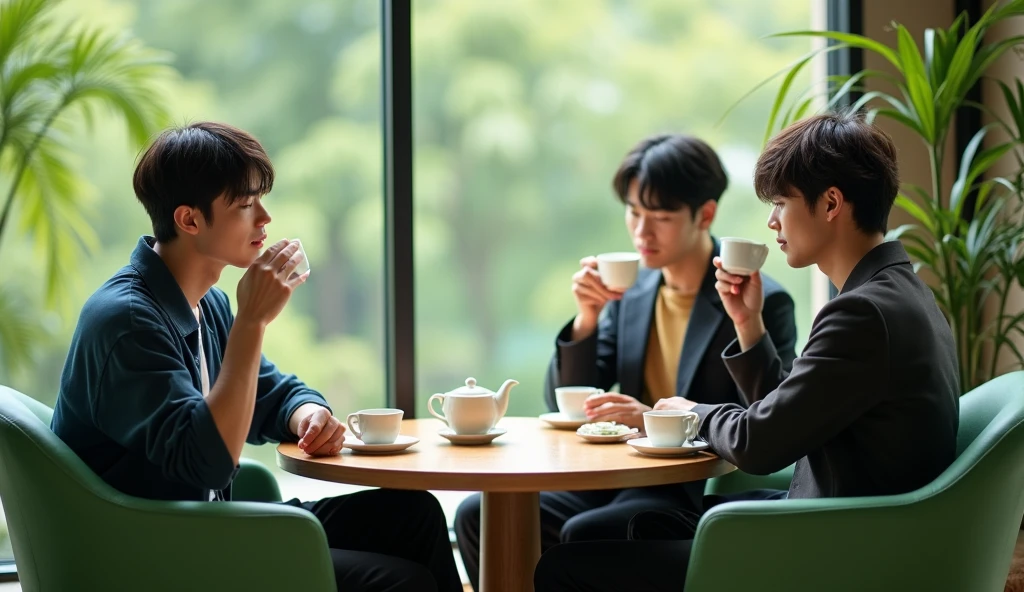 Three male Japanese university students wearing fashionable clothes are drinking tea and talking on green chairs with calm expressions,Excited, Photo of your face, In the room, with a natural look, With a slightly tired look, tilt your face a little, Diagonal orientation, Average face