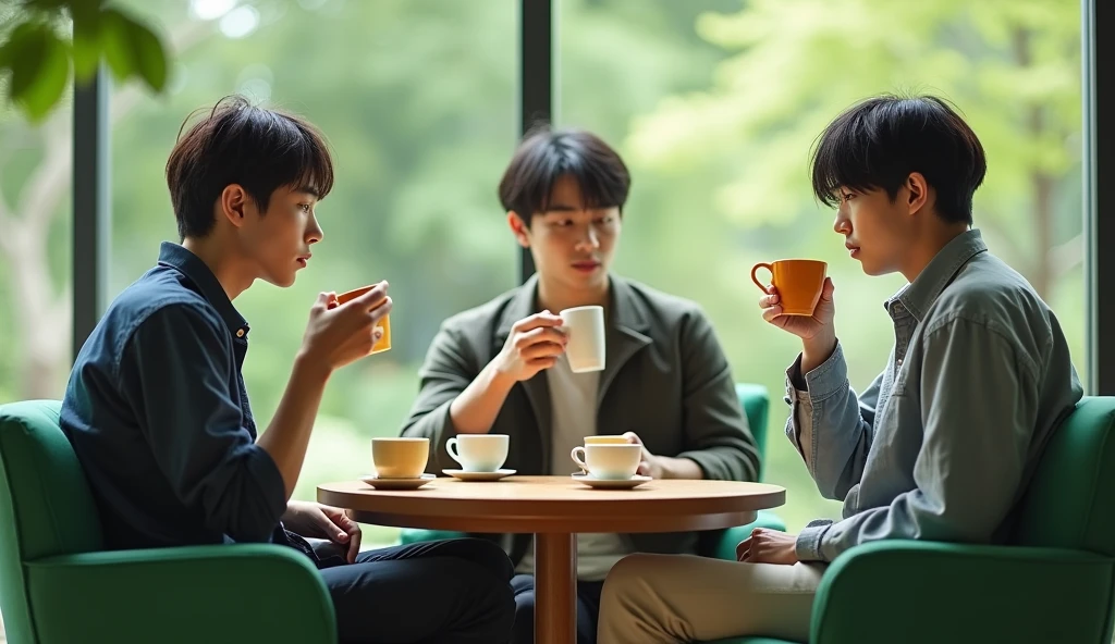 Three male Japanese university students wearing fashionable clothes are drinking tea and talking on green chairs with calm expressions,Excited, Photo of your face, In the room, with a natural look, With a slightly tired look, tilt your face a little, Diagonal orientation, Average face