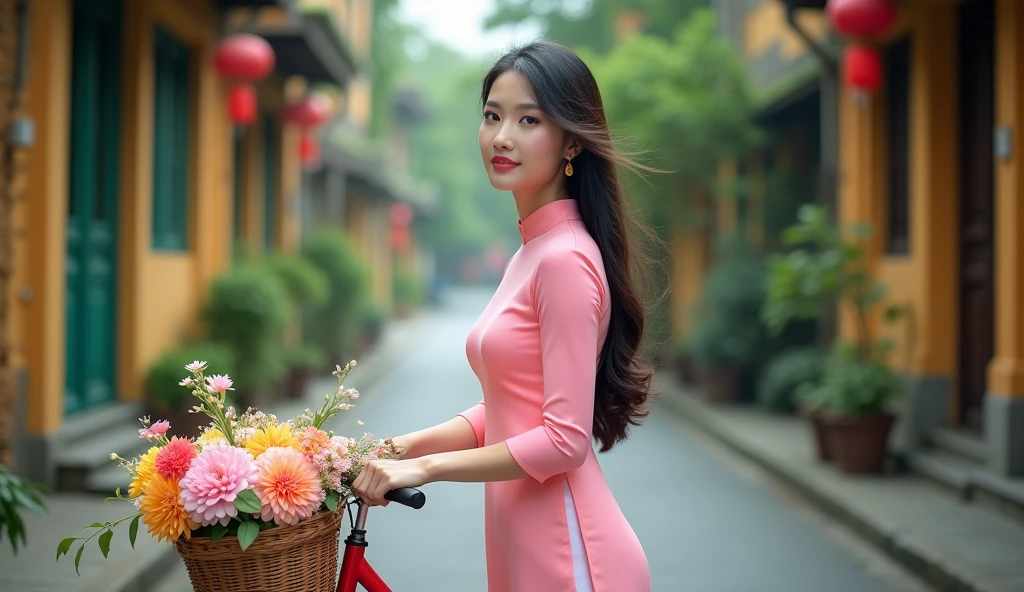Make a photo of a Vietnamese female model wearing a white Ao Dai. Riding a bike on an old street. 50mm lens. bright. realistic. Focus your eyes well. Full shot. Make a basket and a bouquet of flowers in front of the bike. Make both eyes the same size.