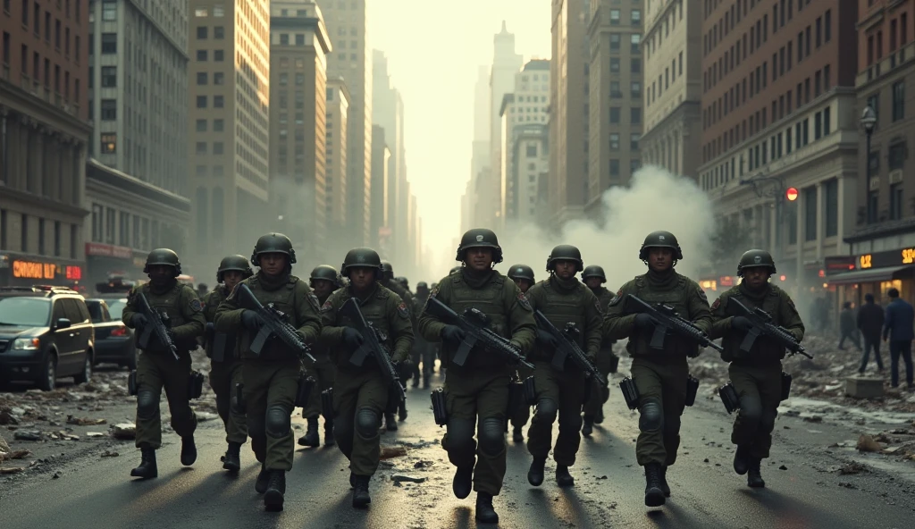 New York City in Chaos ; soldiers marching in the streets