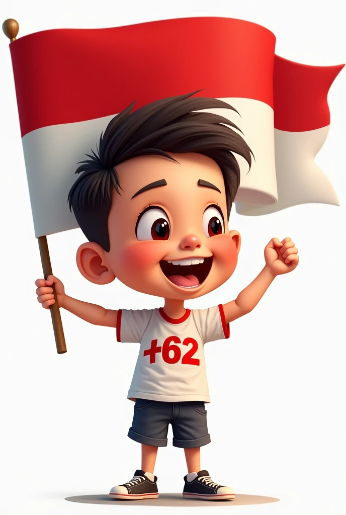 4d caricature, big head, A picture of "+62" which is written on the shirt which is designed for happy independence day of INDONESIA which is wearing by a beautiful boy, holding Indonesian flag