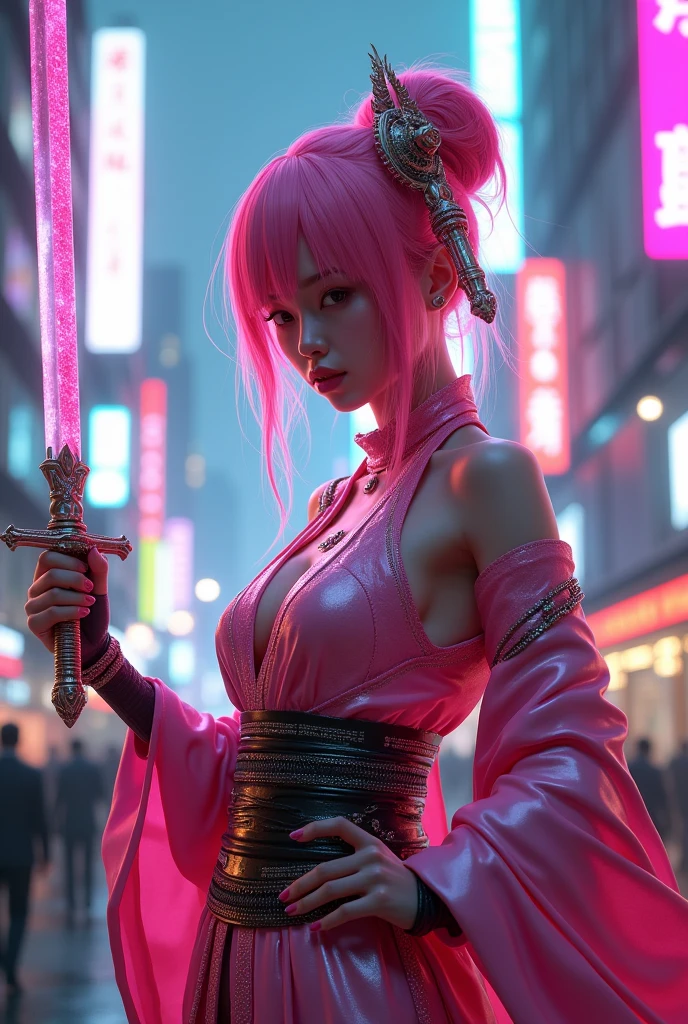 geisha. pink hair. Pink Samurai Armor. Shiny pink katana. Cyberpunk Background