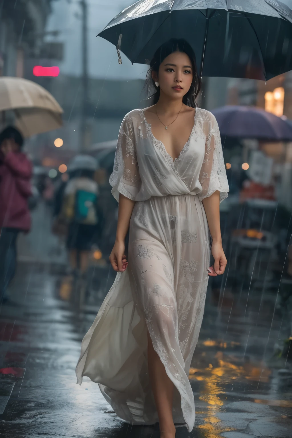(((masterpiece))), (((Highest quality: 1.4))), ((Super detailed: 1.4)) ,
Woman in maxi dress, turn around, Detailed face, Beautiful Eyes, Walking without noticing the camera, In a city where heavy rain is falling, Wet with rain, Hips,