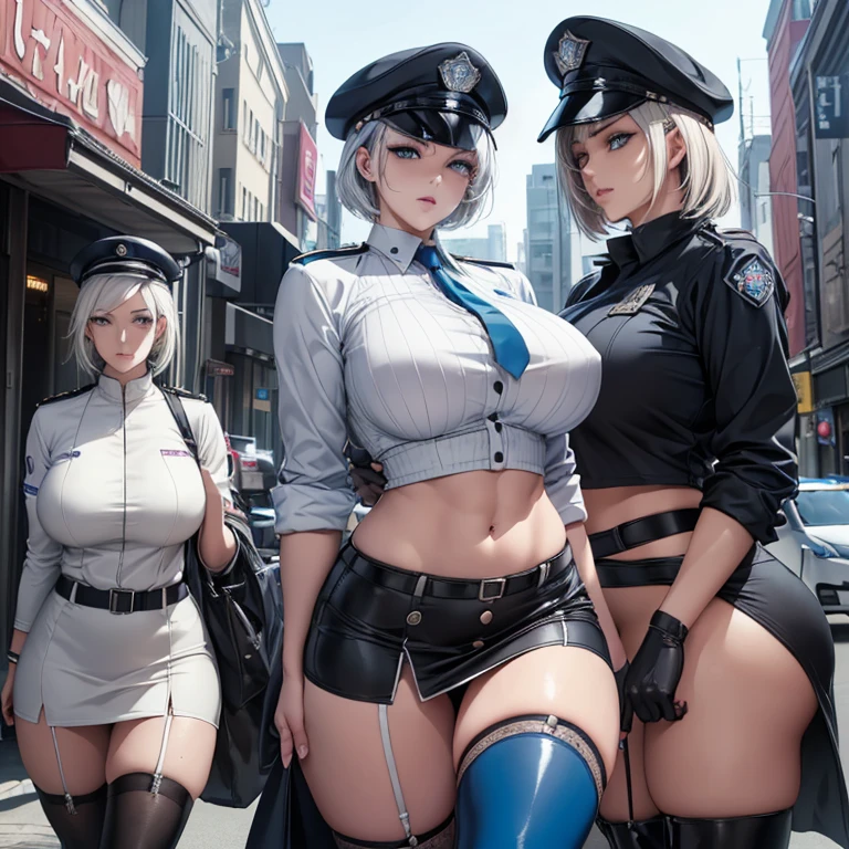 (Cool female police officer.Well-proportioned face.Beautiful white skin.Tall.Very muscular and slender body.Beautiful six pack abs.Big eyes.White Hair.Boyish short hair with a center part.I can see your forehead.Beautiful Blue Eyes.Heavy eye makeup.Dark lipstick.Tight waist.Very large breasts.Very large breastsの谷間.Beautiful light pink areola.Glowing skin).(A tight-fitting midriff-baring uniform.Button open.Tight Skirt.Long boots with black belts.I have a lot of piercings.stockings.garter belt.Uniform cap).(1 Beauty.Futuristic City.Walking through the town at midnight.Police car.Police carの近くで立っている.The eyes are narrowed.Serious expression)Perfect Face.Accurate human body.Accurate 5 fingers.High resolution.It's dynamic.Full body image