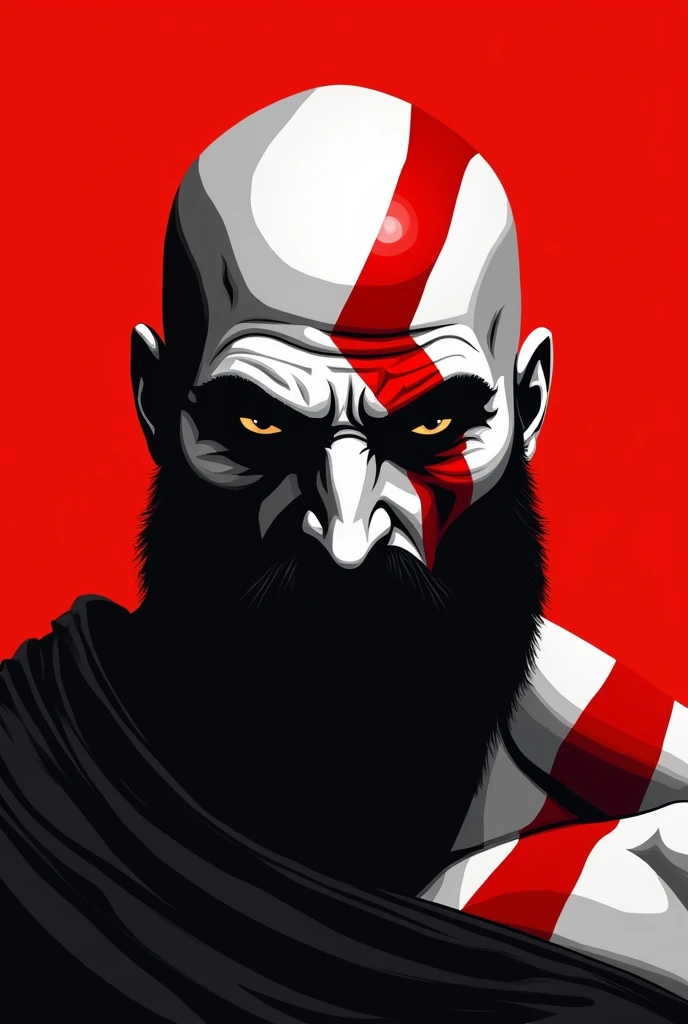 A stylized Art vectoriel portrait of Kratos with a black and white face, partiellement obscurci par une bande rouge audacieuse sur ses yeux et sa bouche. L'arrière-plan est rouge uni. La figure semble solennelle, Art vectoriel, symmetrical