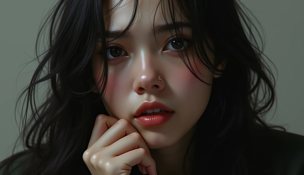 A black-haired woman with a troubled face、Head tilted diagonally upwards to the right、One hand on chin、There are wrinkles between the eyebrows