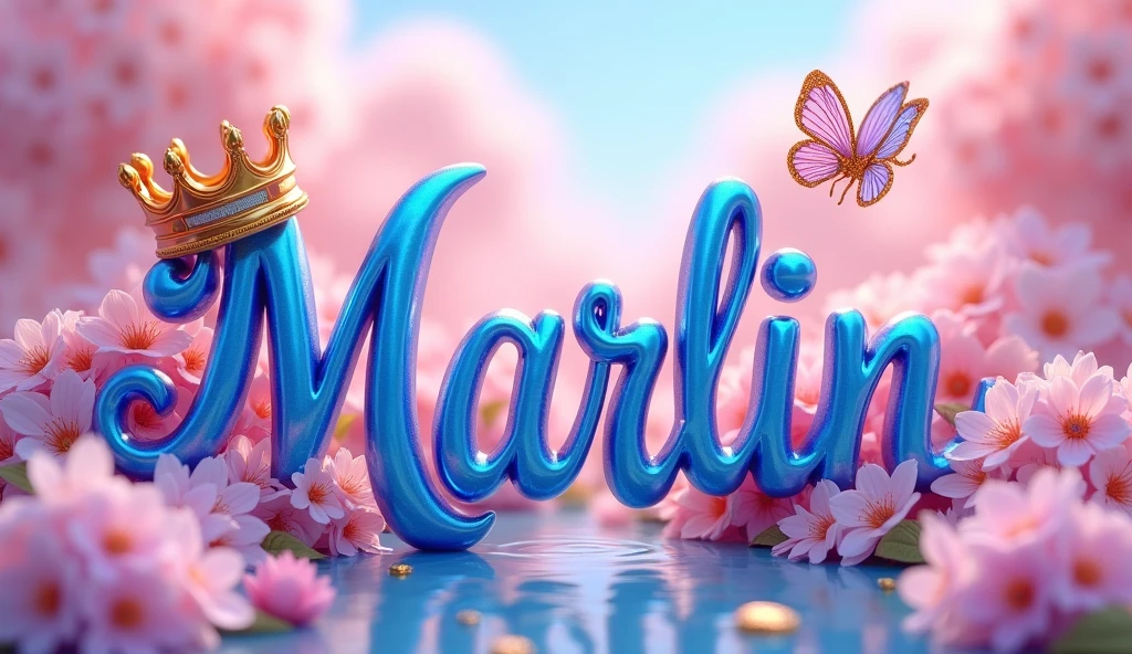A mesmerizing anime-inspired conceptual art piece featuring the name "Marlin" in elegant, swirling blue and pink typography. The lettering is adorned with a dazzling gold crown, accentuating the first letter and exuding luxury and sophistication. Delicate, blooming flowers surround the name, creating a serene and enchanting atmosphere. A captivating metallic gold and lavender butterfly glides gracefully above, symbolizing freedom and elegance. Scattered throughout the design are small, shimmering gold and lavender hearts, enhancing the luxurious and magical ambiance of this conceptual art masterpiece. The 3D render is perfect for a poster, capturing the essence of love and appreciation for a mother, and showcasing the artistry and creativity of anime typography.