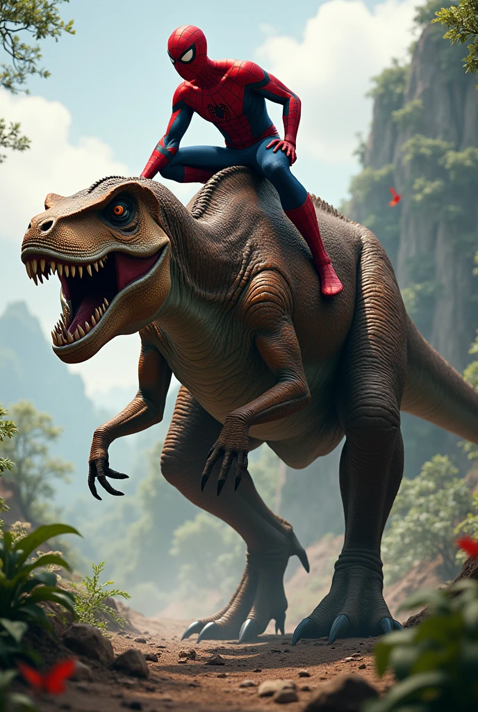 Spider-Man standing on the back of a large danger dinosaurs, dinosaur walking forward