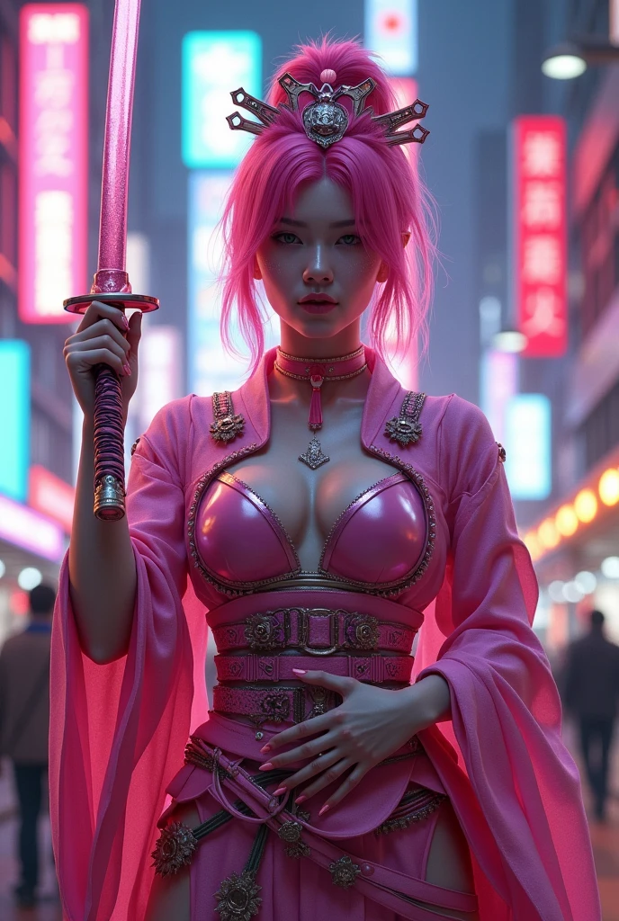 geisha. pink hair. Pink Samurai Armor. Shiny pink katana. Cyberpunk Background 