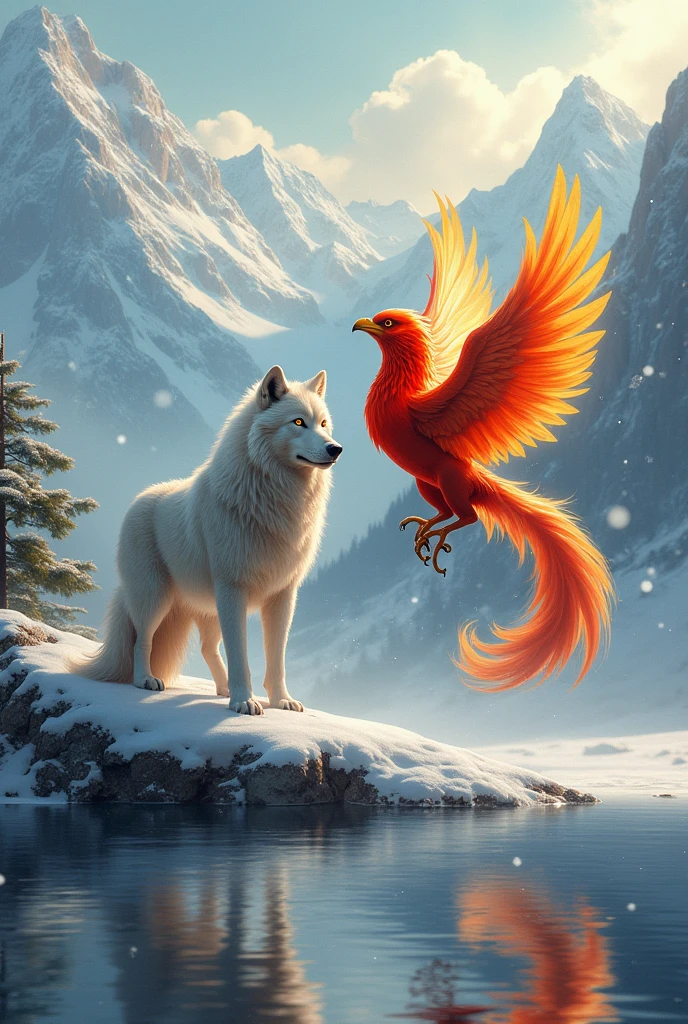 Snow Wolf and Phoenix Bird living together at mountain