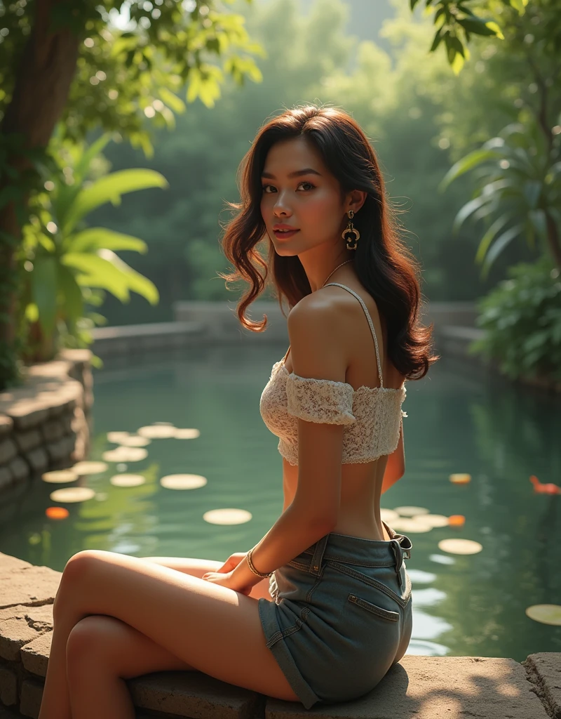 Background: A tranquil, secluded garden with a serene koi pond, lush greenery, and a rustic wooden bench. Model: An elegant brunette with soft curls and a gentle smile. She’s dressed in a sophisticated, off-shoulder crop top with intricate lace details and high-waisted, tailored shorts. Her look is completed with delicate, nature-inspired jewelry and comfortable espadrilles. She’s seated on the bench, admiring the peaceful garden.
