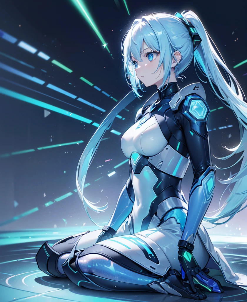 ((Holographic glow effect)),8k, Highest quality, (real:1.4), Original photo, 1 person, Asari Hair, Biological Amplifier, refined armor, posture: Peace talks between warring factions, smart blue eyes,whole body
