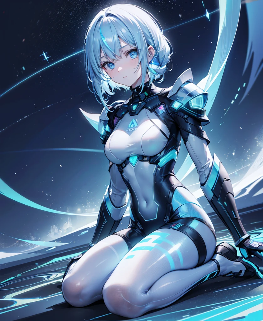 ((Holographic glow effect)),8k, Highest quality, (real:1.4), Original photo, 1 person, Asari Hair, Biological Amplifier, refined armor, posture: Peace talks between warring factions, smart blue eyes,whole body