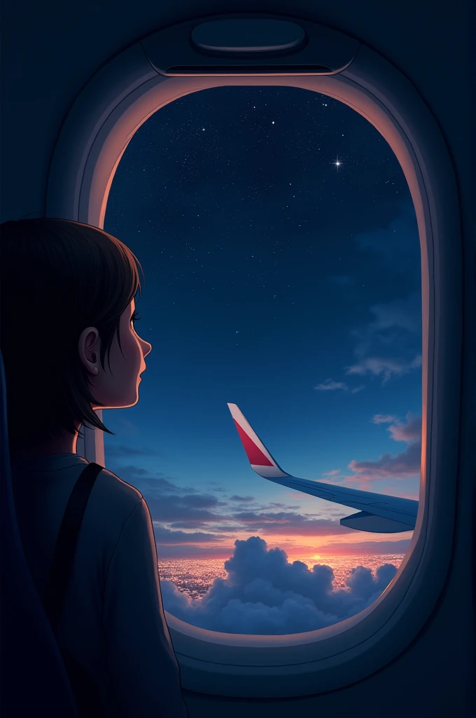 airplane window looking out at the night sky preparing for takeoff