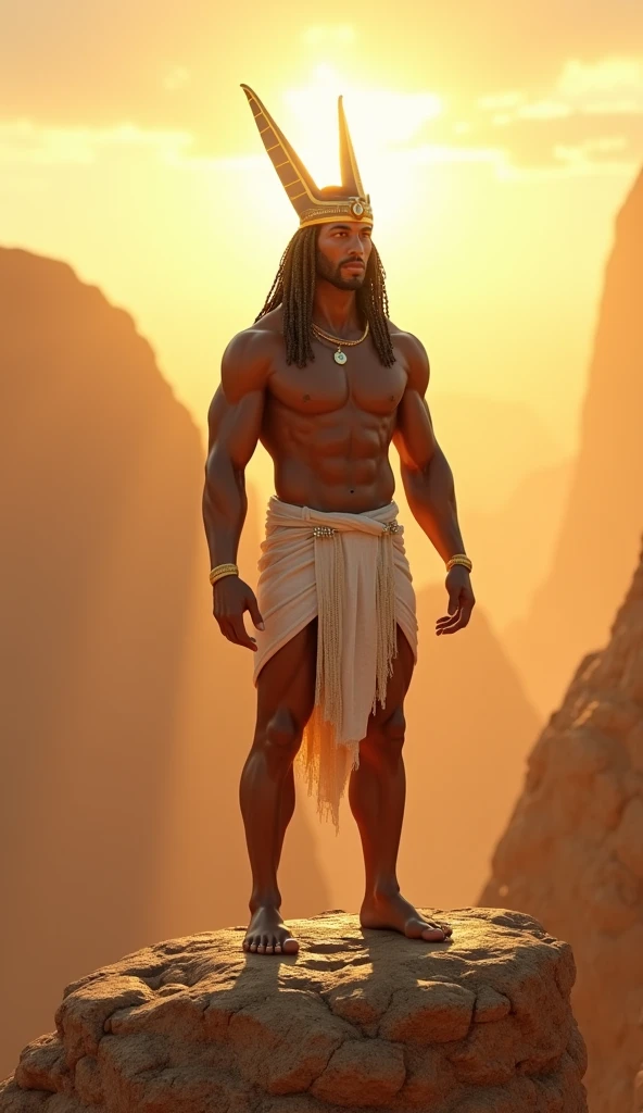Show Atum standing on the primordial mound, the Benben, in Egyptian mythology. Atum is depicted as a regal male figure, around 4, with smooth golden-brown skin and intense dark brown eyes. His hair is short, curly, and black, with gray streaks at the temples, giving him an air of wisdom and power. He wears a simple white kilt and a golden crown, with a muscular build that reflects his role as the creator god. The background features the mound rising from the chaotic waters of Nun, with the first rays of the sun illuminating Atum and the surrounding landscape. Use masterpiece, best quality, CG, wallpaper, HDR, high quality, ultra detailed face, cinematic, high detail, 8k, raw, high, artstation HQ, unreal engine, octane renderer, 4k resolution, hyperrealistic, highly detailed, and absurdres settings.