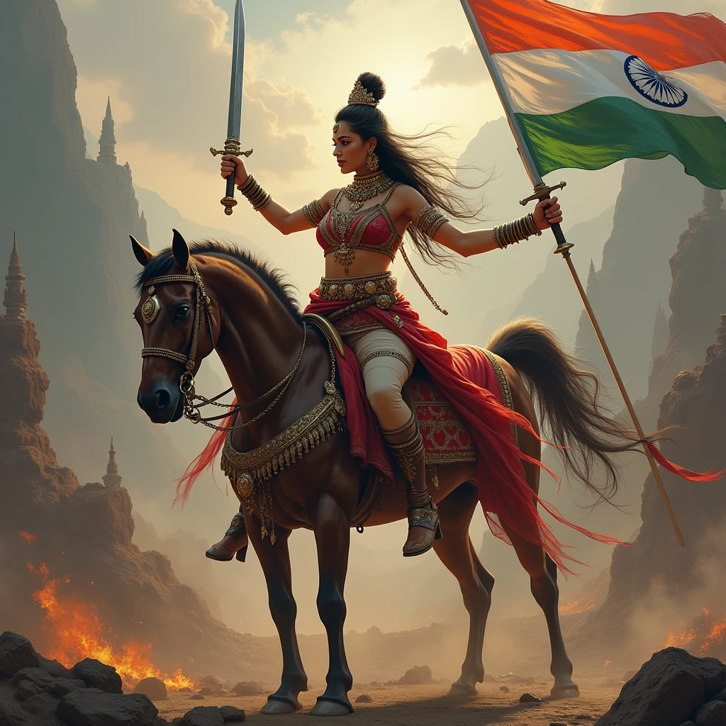 A South Indian queen, who is Hindu, is holding a sword in one hand and a horse in the other, with mountains and battlefields in the background and also the queen's maid. And queen one hand a katana , and background a indian flag