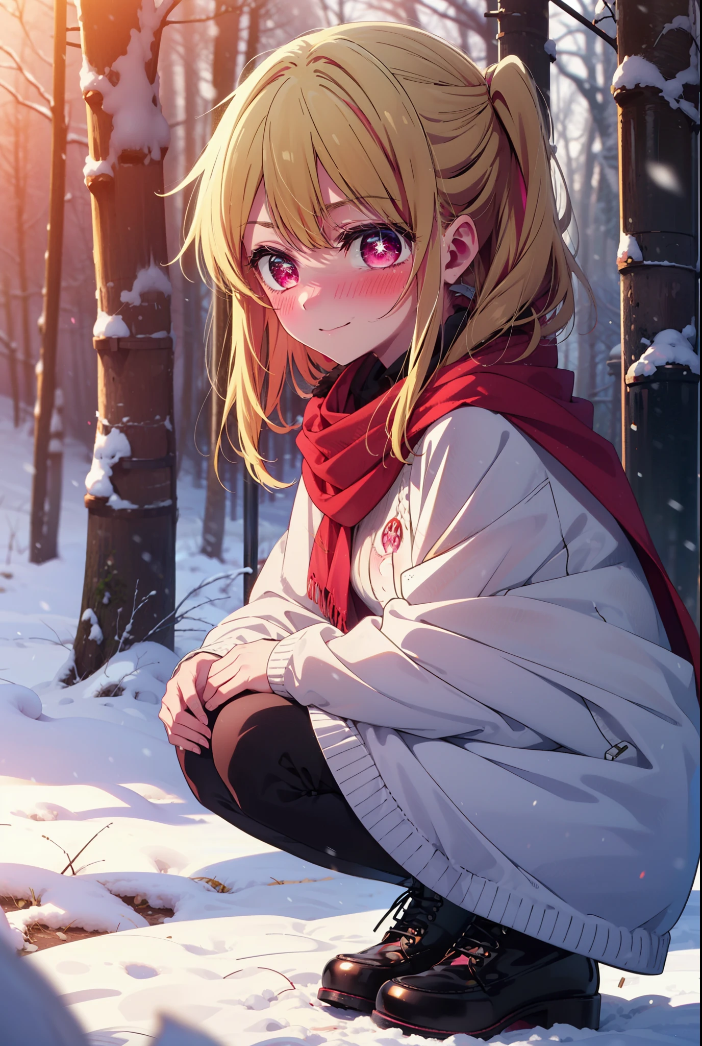 rubyhoshino, Hoshino Ruby, Long Hair, bangs, blonde, (Pink Eyes:1.3), Side Lock, (Symbol-shaped pupil:1.5), Multicolored Hair, Two-tone hair, smile,,smile,blush,white breath,
Open your mouth,snow,Ground bonfire, Outdoor, boots, snowing, From the side, wood, suitcase, Cape, Blurred, , forest, White handbag, nature, Squat, Mouth closed, Cape, winter, Written boundary depth, Black shoes, red Cape break looking at viewer, Upper Body, whole body, break Outdoor, forest, nature, break (masterpiece:1.2), Highest quality, High resolution, unity 8k wallpaper, (shape:0.8), (Beautiful and beautiful eyes:1.6), Highly detailed face, Perfect lighting, Highly detailed CG, (Perfect hands, Perfect Anatomy),
