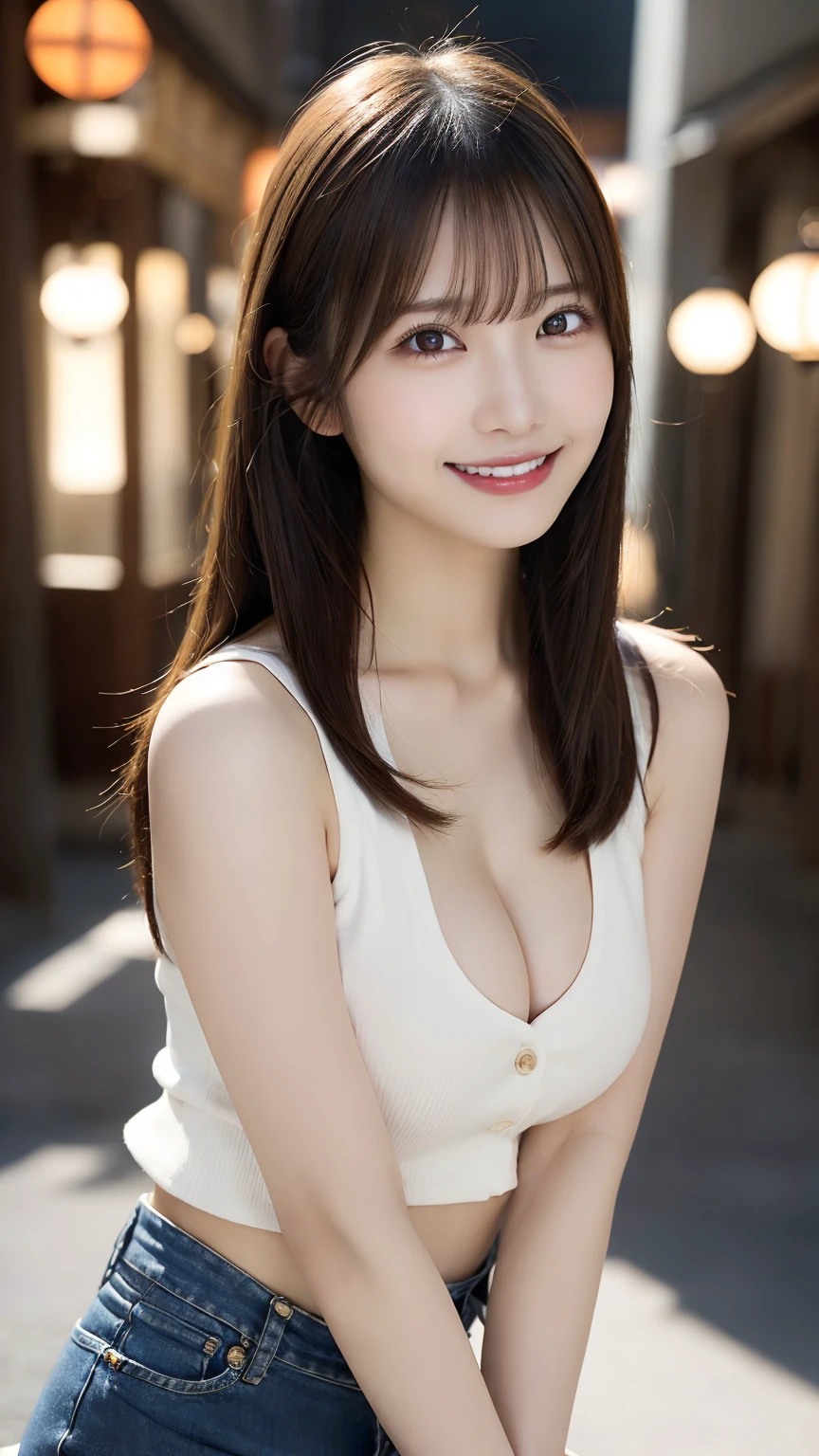 Ultra-realistic), (An illustration), (High resolution), (8k), (Very detailed), (最高のAn illustration),(Raw photo, Best Quality), (Realism, Photorealistic:1.4), Mastepiece, Very delicate and beautiful, Extremely detailed, 2k wallpaper, amazing, Fine details, Very detailedなCGユニティ8kの壁紙, Super detailed, High resolution, Beautiful detailed girl, Very detailedな目と顔, Beautiful detailed nose, Beautiful detailed eyes,Cinematic Lighting,Perfect Anatomy,Perfect promotion,(A shy smile, Beautiful Face), ((Perfect Legs, Perfect legs, Perfect hands, Perfect hands指, Perfect Arms, A shy smile, The mouth is perfect)), Looking straight at the camera, Bangs and ear bangs、necklace、 (((Cute Japanese girl wearing denim pants)))、 ((((Beautiful 20 year old Japanese girl wearing an orange sleeveless T-shirt)))), (((H cup big breasts)))、(((Bursting Busty!!!!!!!!!))) (((Huge boobs!!!!)))、((Huge breasts))、(((Attractive big breasts!!!!!!))), ((((Full body writing)))), ((((Medium Straight Hair)))), ((Solo Photo)), ((Black Hair)), ((((Beautiful smile)))), (Slender body), ((Standing outdoors in a seductive pose)), ((Emphasis on cleavage))